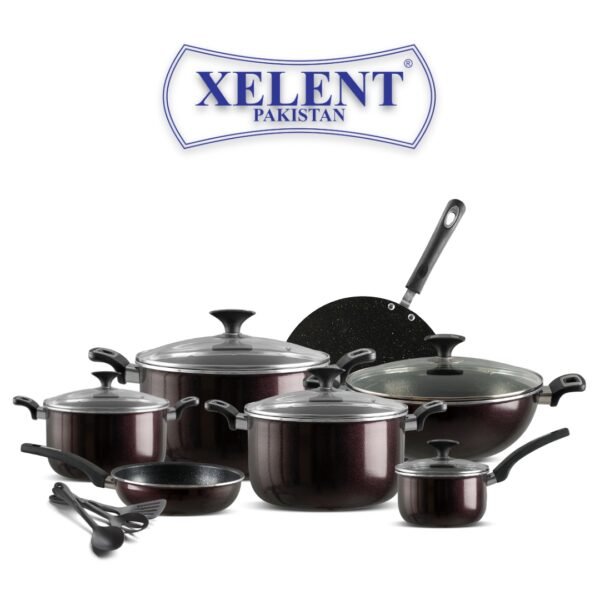 XELENT 18PCS Crystal Cookware Set Deep Maroon, Premium Non-Stick Crystal Shine Cookware