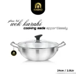 Wok/Karahi 24cm Metal Finish Glass Lid