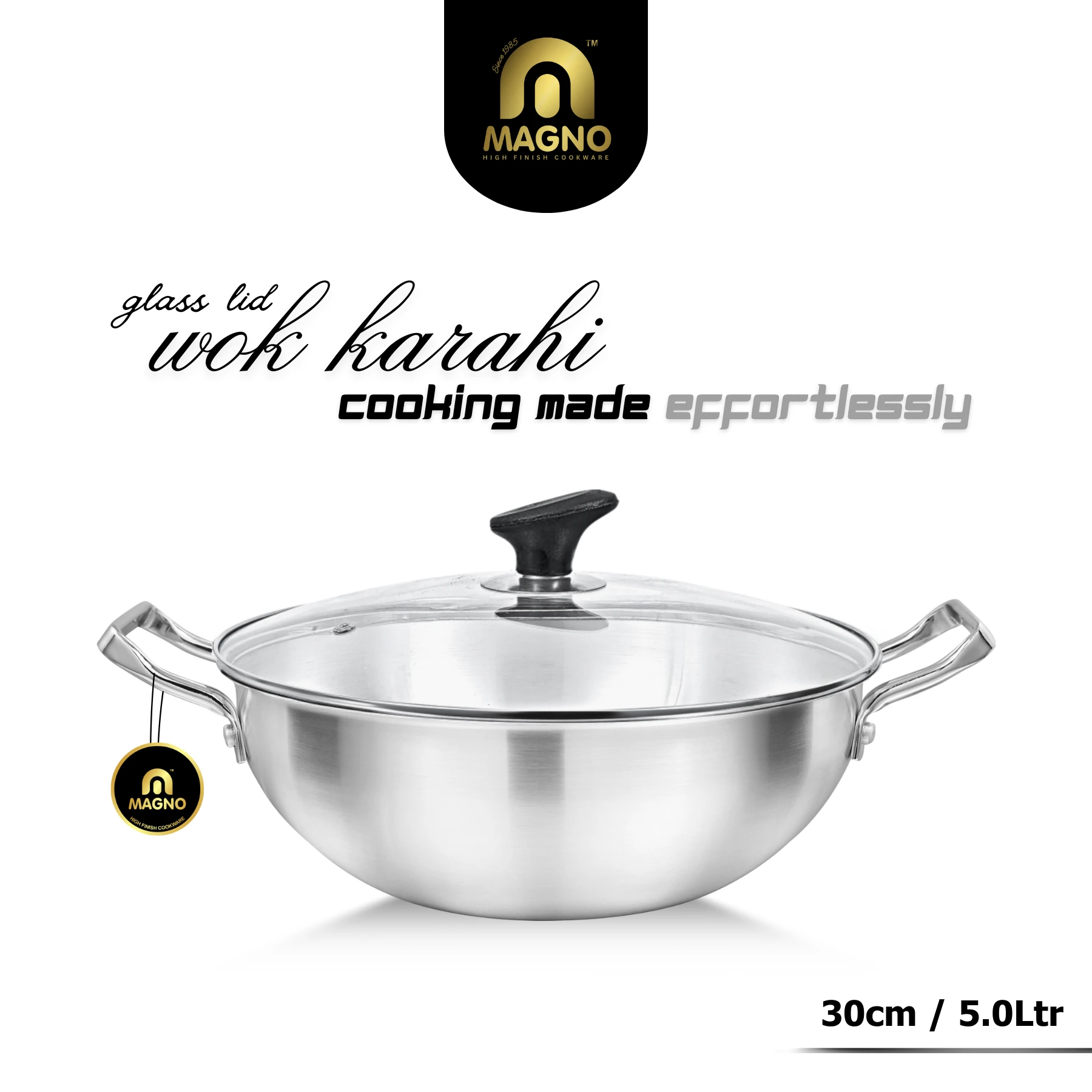 85 Wok/Karahi 30cm Metal Finish Glass Lid - Image 1